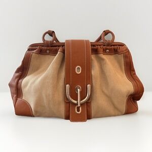Tod's Satchel Handbag Womens Medium Tan Canvas Leather Toggle Top Handle Italy